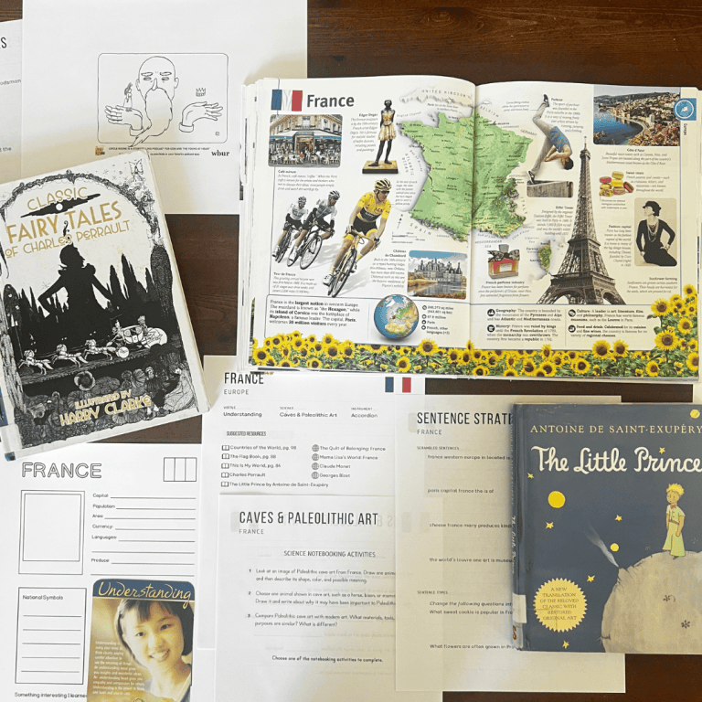 France unit study, part of the Global Explorers Club's literature-based homeschool geography curriculum filled with books, mapwork, art, music, science, and hands-on cultural activities for kids.