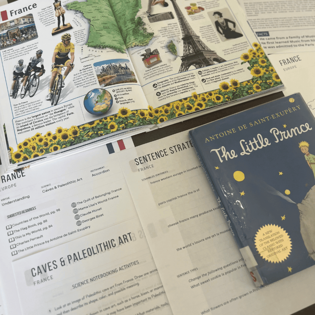 France unit study, part of the Global Explorers Club's literature-based homeschool geography curriculum filled with books, mapwork, art, music, science, and hands-on cultural activities for kids.