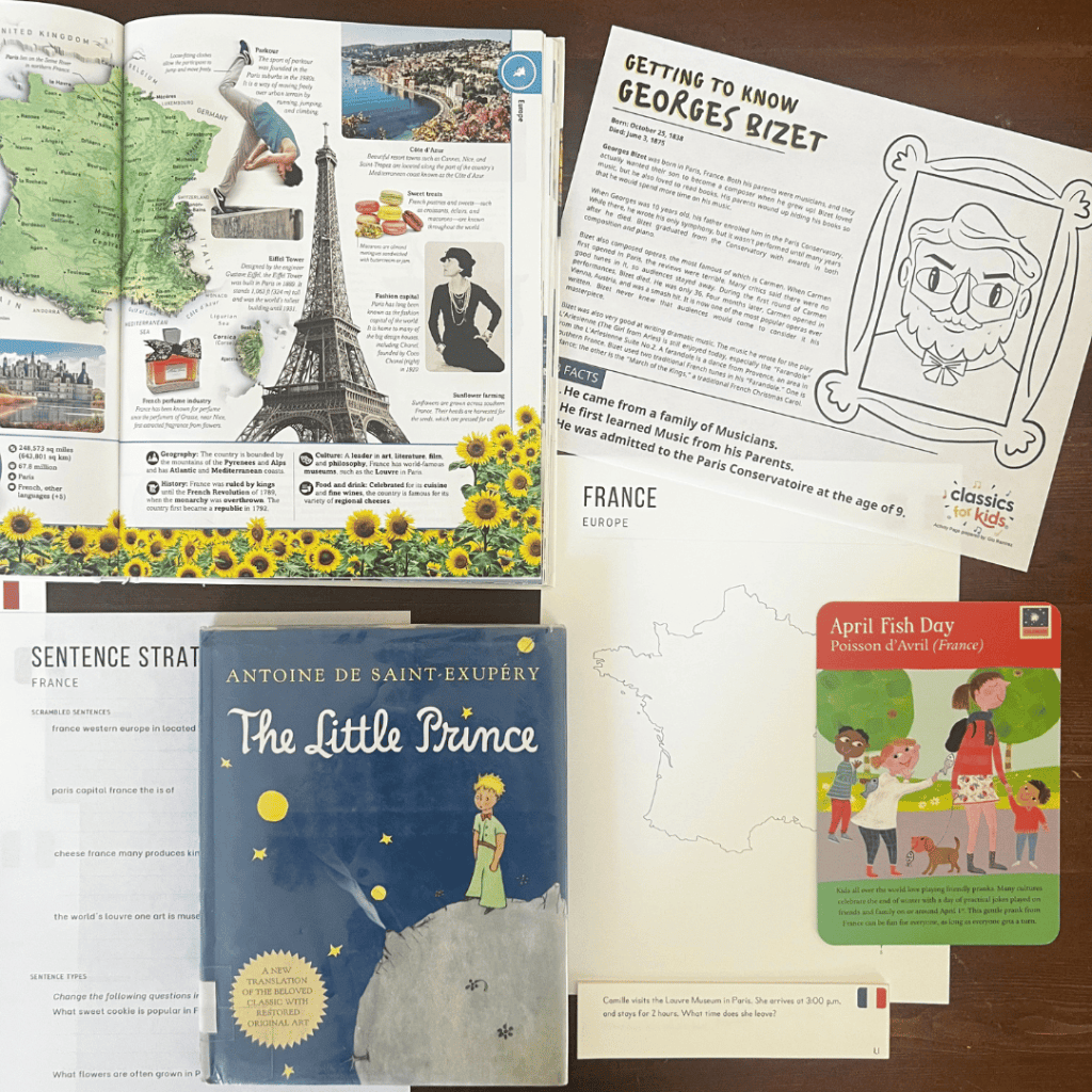 France unit study, part of the Global Explorers Club's literature-based homeschool geography curriculum filled with books, mapwork, art, music, science, and hands-on cultural activities for kids.