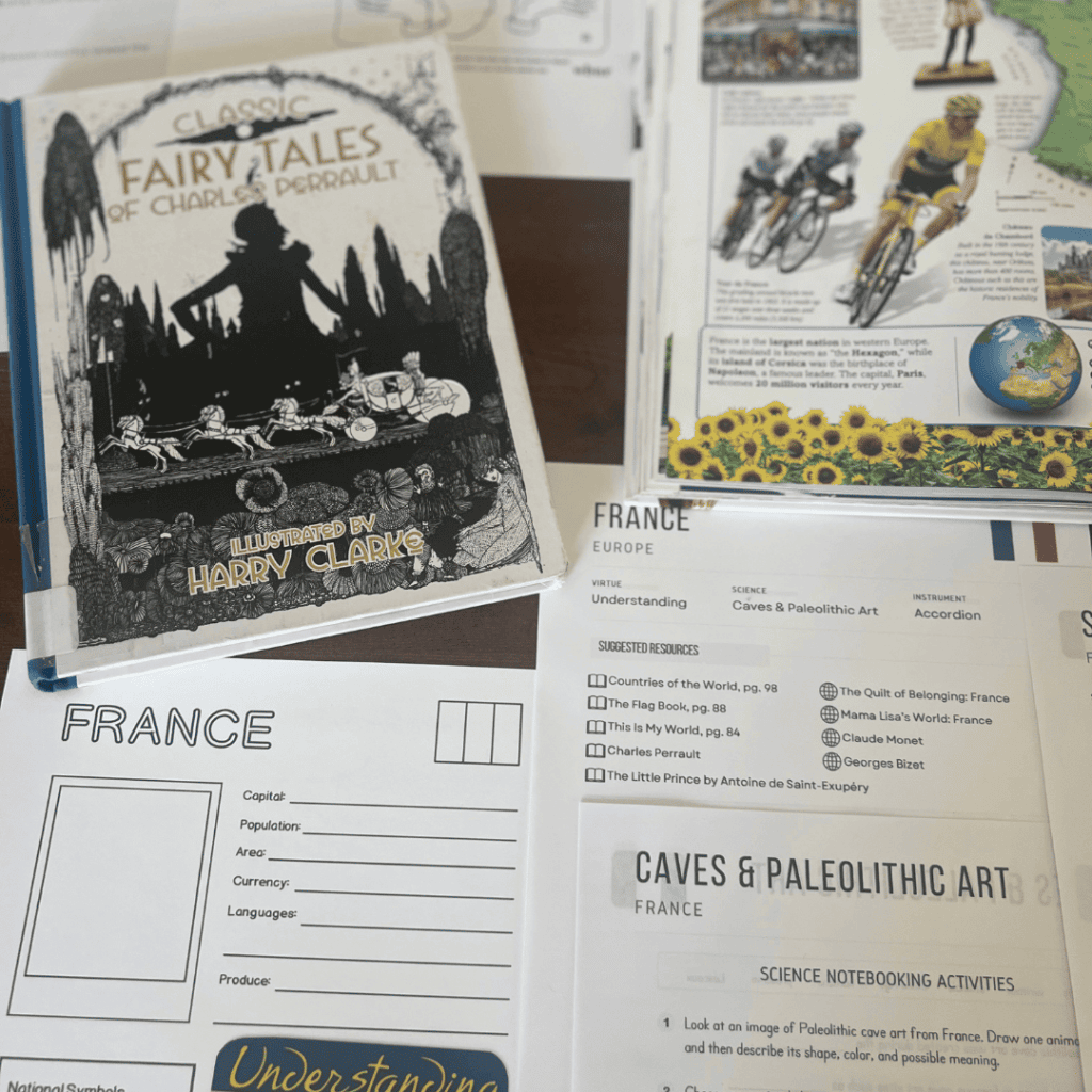France unit study, part of the Global Explorers Club's literature-based homeschool geography curriculum filled with books, mapwork, art, music, science, and hands-on cultural activities for kids.