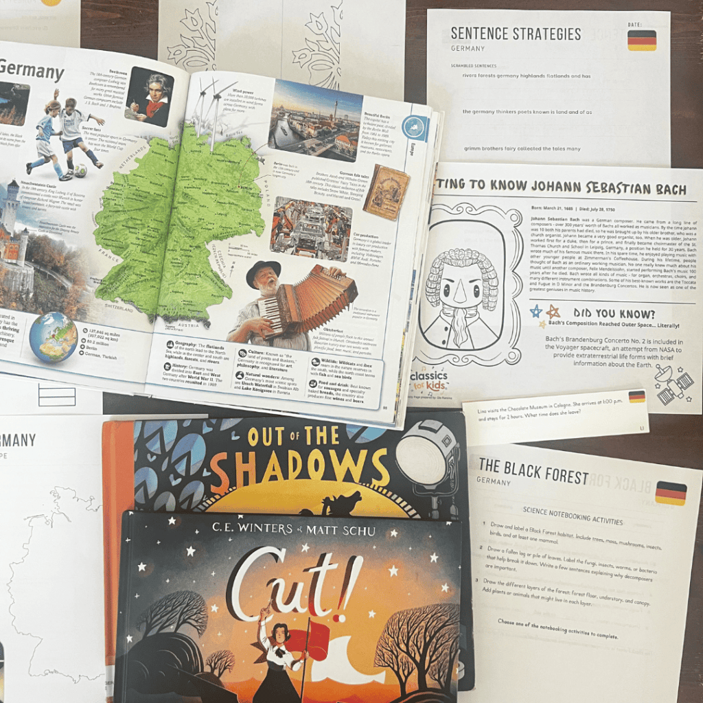 Germany unit study, part of the Global Explorers Club's literature-based homeschool geography curriculum filled with books, mapwork, art, music, science, and hands-on cultural activities for kids.