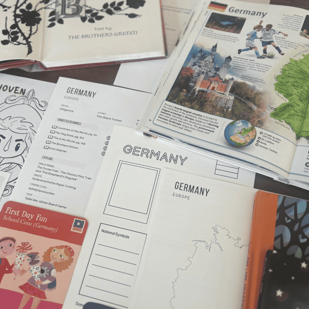 Germany unit study, part of the Global Explorers Club's literature-based homeschool geography curriculum filled with books, mapwork, art, music, science, and hands-on cultural activities for kids.