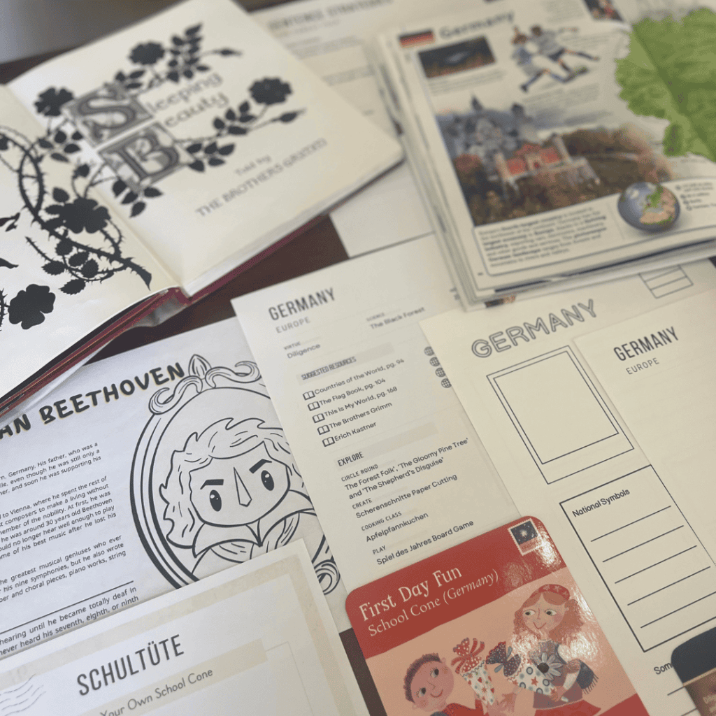 Germany unit study, part of the Global Explorers Club's literature-based homeschool geography curriculum filled with books, mapwork, art, music, science, and hands-on cultural activities for kids.