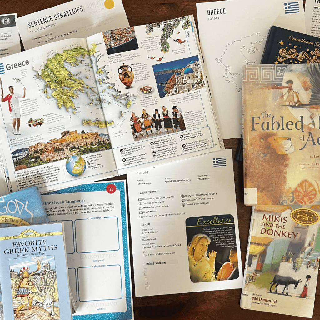 Greece unit study, part of the Global Explorers Club's literature-based homeschool geography curriculum filled with books, mapwork, art, music, science, and hands-on cultural activities for kids.