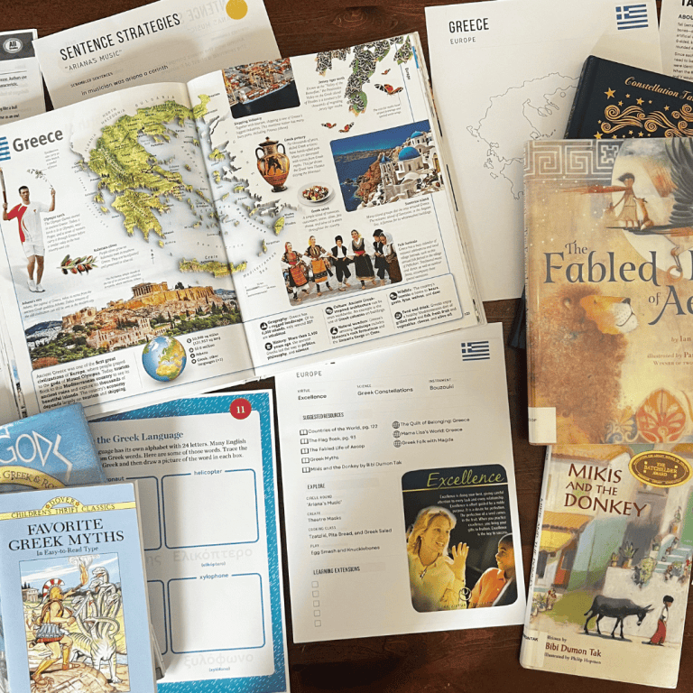 Greece unit study, part of the Global Explorers Club's literature-based homeschool geography curriculum filled with books, mapwork, art, music, science, and hands-on cultural activities for kids.