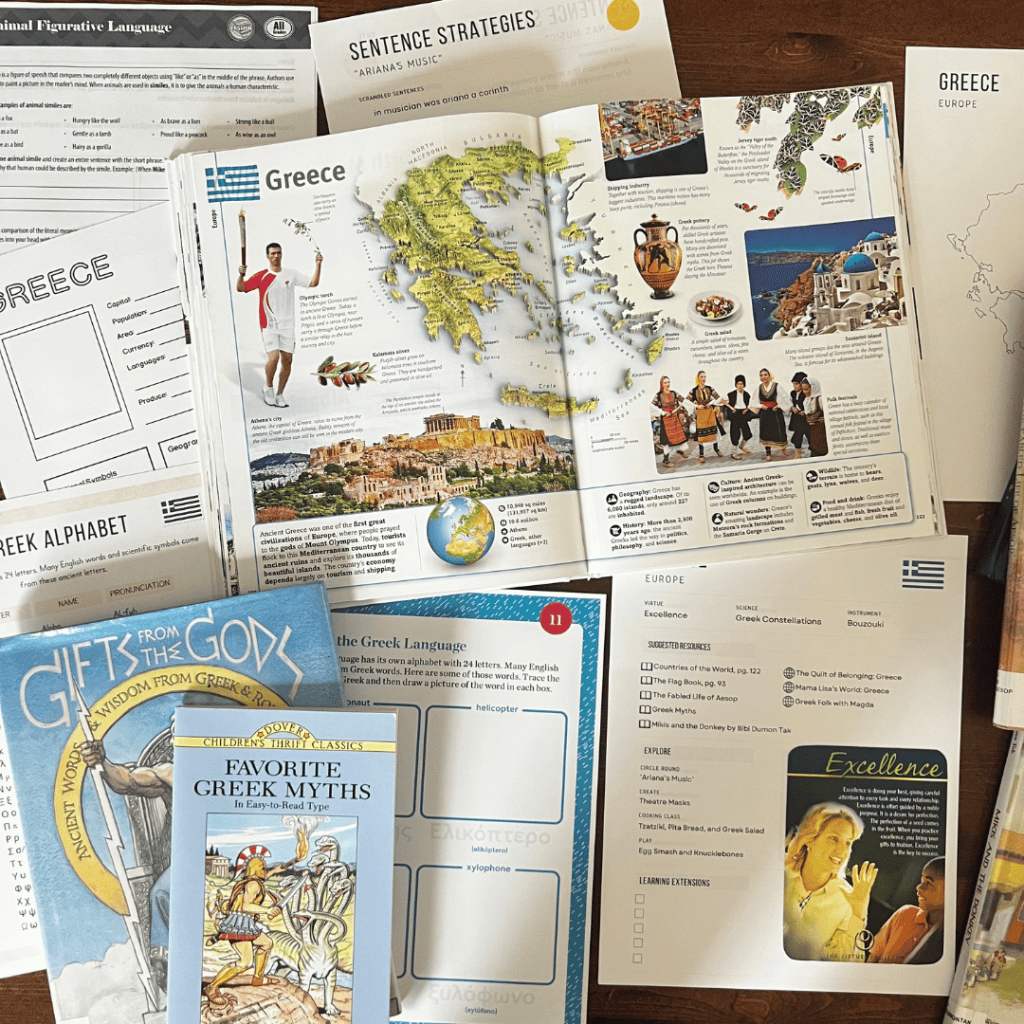 Greece unit study, part of the Global Explorers Club's literature-based homeschool geography curriculum filled with books, mapwork, art, music, science, and hands-on cultural activities for kids.