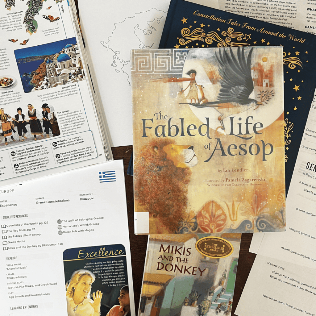 Greece unit study, part of the Global Explorers Club's literature-based homeschool geography curriculum filled with books, mapwork, art, music, science, and hands-on cultural activities for kids.