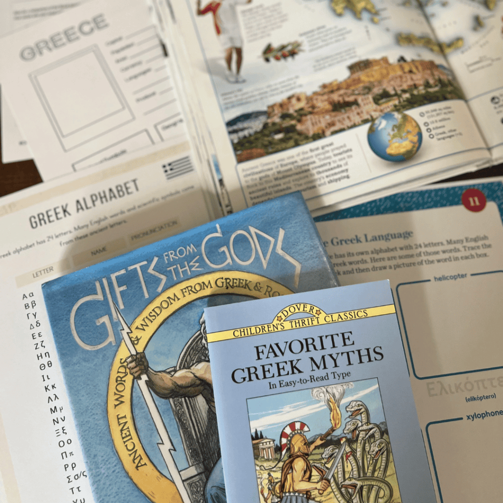 Greece unit study, part of the Global Explorers Club's literature-based homeschool geography curriculum filled with books, mapwork, art, music, science, and hands-on cultural activities for kids.