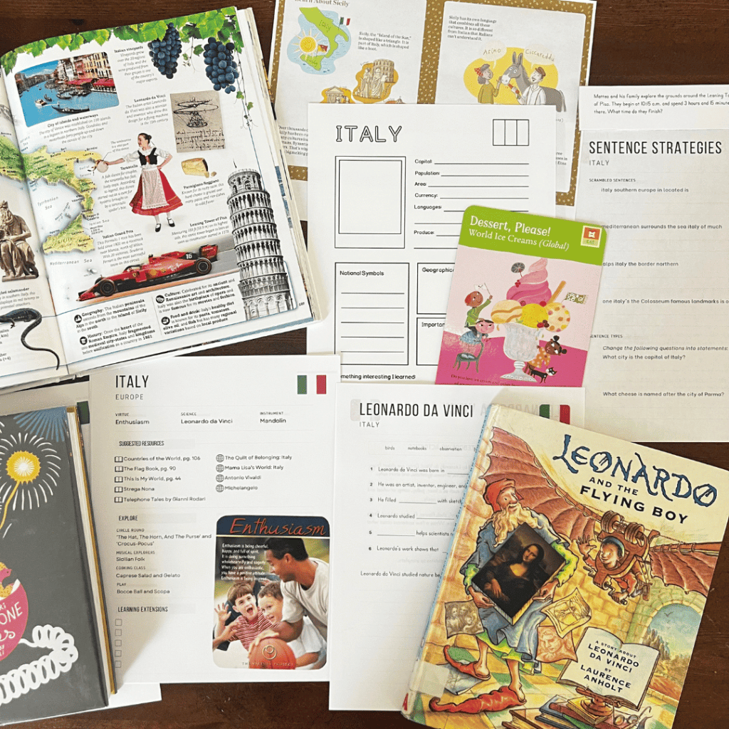Italy unit study, part of the Global Explorers Club's literature-based homeschool geography curriculum filled with books, mapwork, art, music, science, and hands-on cultural activities for kids.
