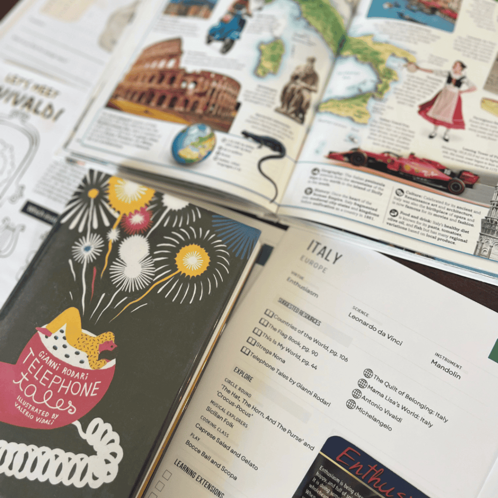 Italy unit study, part of the Global Explorers Club's literature-based homeschool geography curriculum filled with books, mapwork, art, music, science, and hands-on cultural activities for kids.