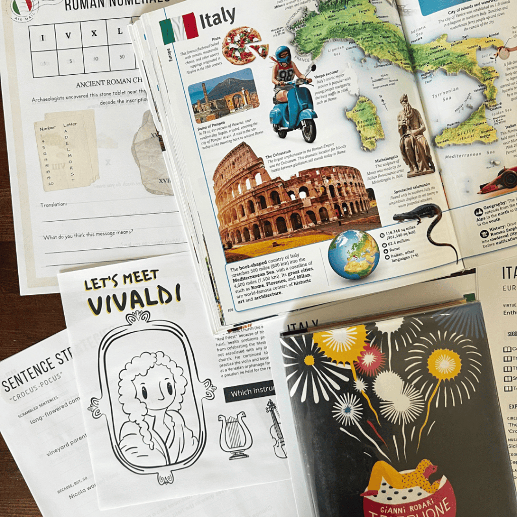 Italy unit study, part of the Global Explorers Club's literature-based homeschool geography curriculum filled with books, mapwork, art, music, science, and hands-on cultural activities for kids.