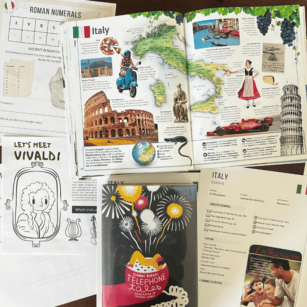 Italy unit study, part of the Global Explorers Club's literature-based homeschool geography curriculum filled with books, mapwork, art, music, science, and hands-on cultural activities for kids.