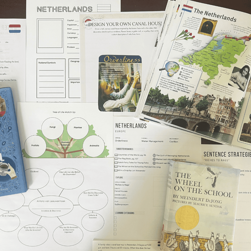 Netherlands unit study, part of the Global Explorers Club's literature-based homeschool geography curriculum filled with books, mapwork, art, music, science, and hands-on cultural activities for kids.