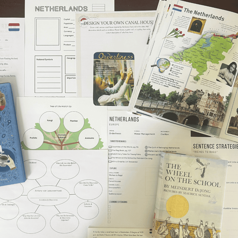 Netherlands unit study, part of the Global Explorers Club's literature-based homeschool geography curriculum filled with books, mapwork, art, music, science, and hands-on cultural activities for kids.