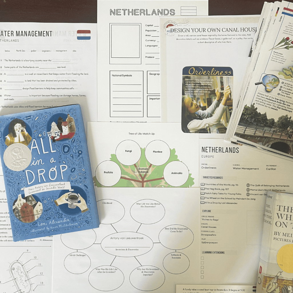 Netherlands unit study, part of the Global Explorers Club's literature-based homeschool geography curriculum filled with books, mapwork, art, music, science, and hands-on cultural activities for kids.