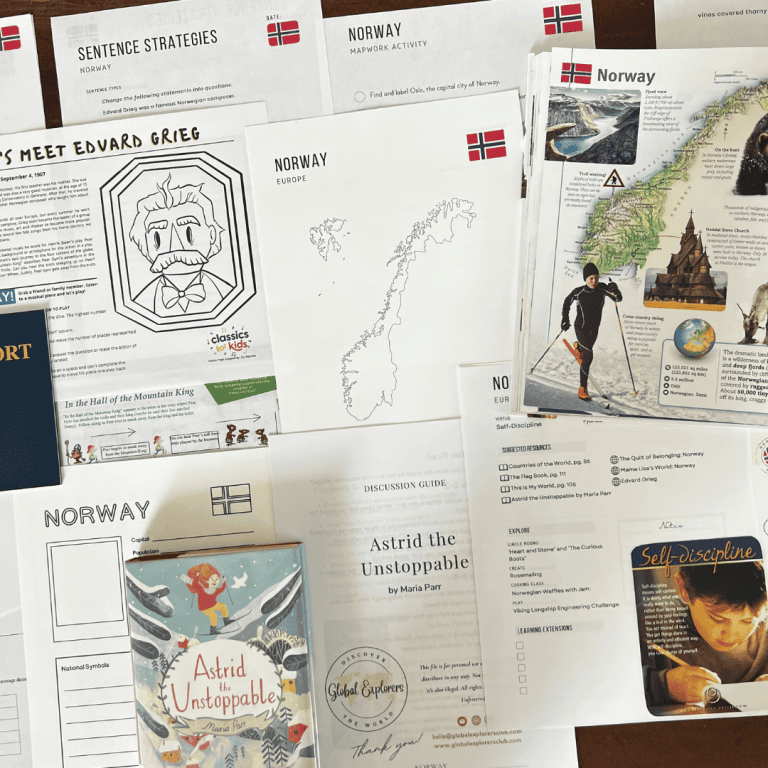 Norway Unit Study, part of the Global Explorers Club's literature-based world geography curriculum, featuring hands-on cultural activities for kids