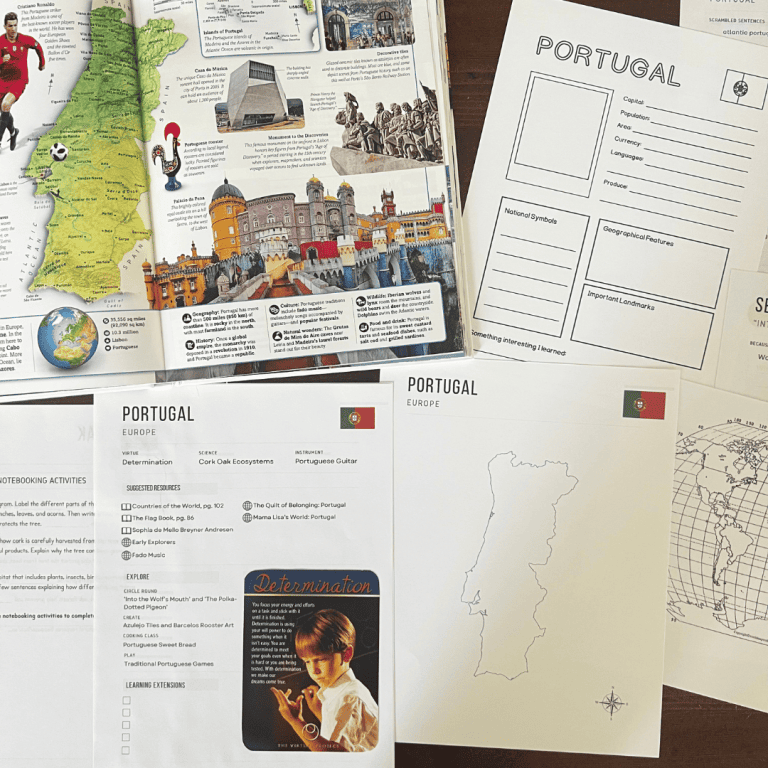 Portugal unit study, part of the Global Explorers Club's literature-based homeschool geography curriculum filled with books, mapwork, art, music, science, and hands-on cultural activities for kids.