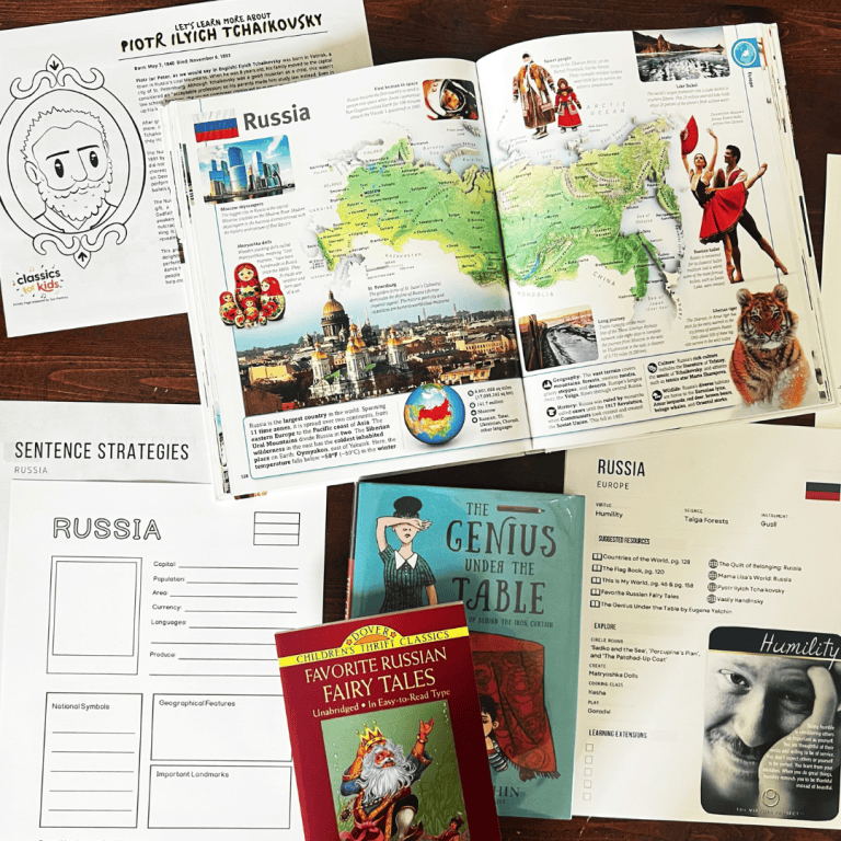 Russia Unit Study, part of the Global Explorers Club's literature-based world geography curriculum, featuring hands-on cultural activities for kids and living books such as Favorite Russian Fairy Tales and The Genius Under the Table by Eugene Yelchin