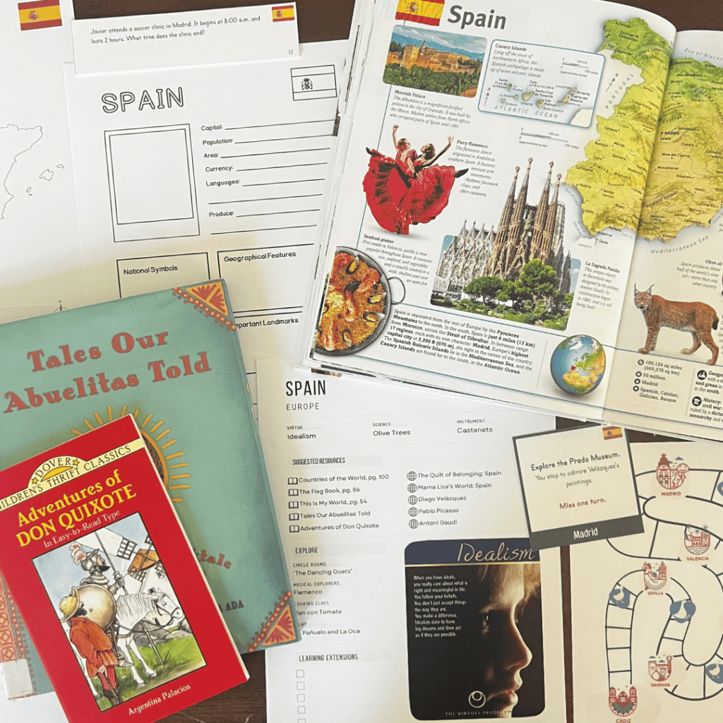 Spain unit study, part of the Global Explorers Club's literature-based homeschool geography curriculum filled with books, mapwork, art, music, science, and hands-on cultural activities for kids.