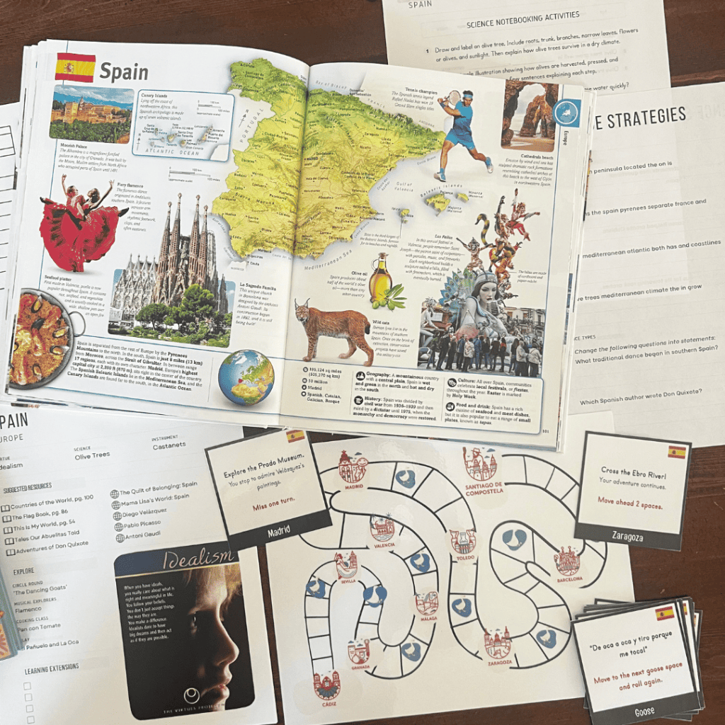 Spain unit study, part of the Global Explorers Club's literature-based homeschool geography curriculum filled with books, mapwork, art, music, science, and hands-on cultural activities for kids.