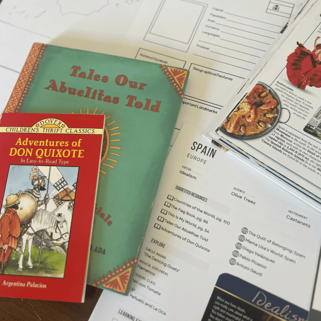 Spain unit study, part of the Global Explorers Club's literature-based homeschool geography curriculum filled with books, mapwork, art, music, science, and hands-on cultural activities for kids.