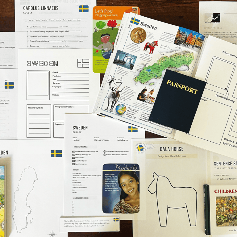 Sweden Unit Study, part of the Global Explorers Club's literature-based world geography curriculum, featuring hands-on cultural activities for kids