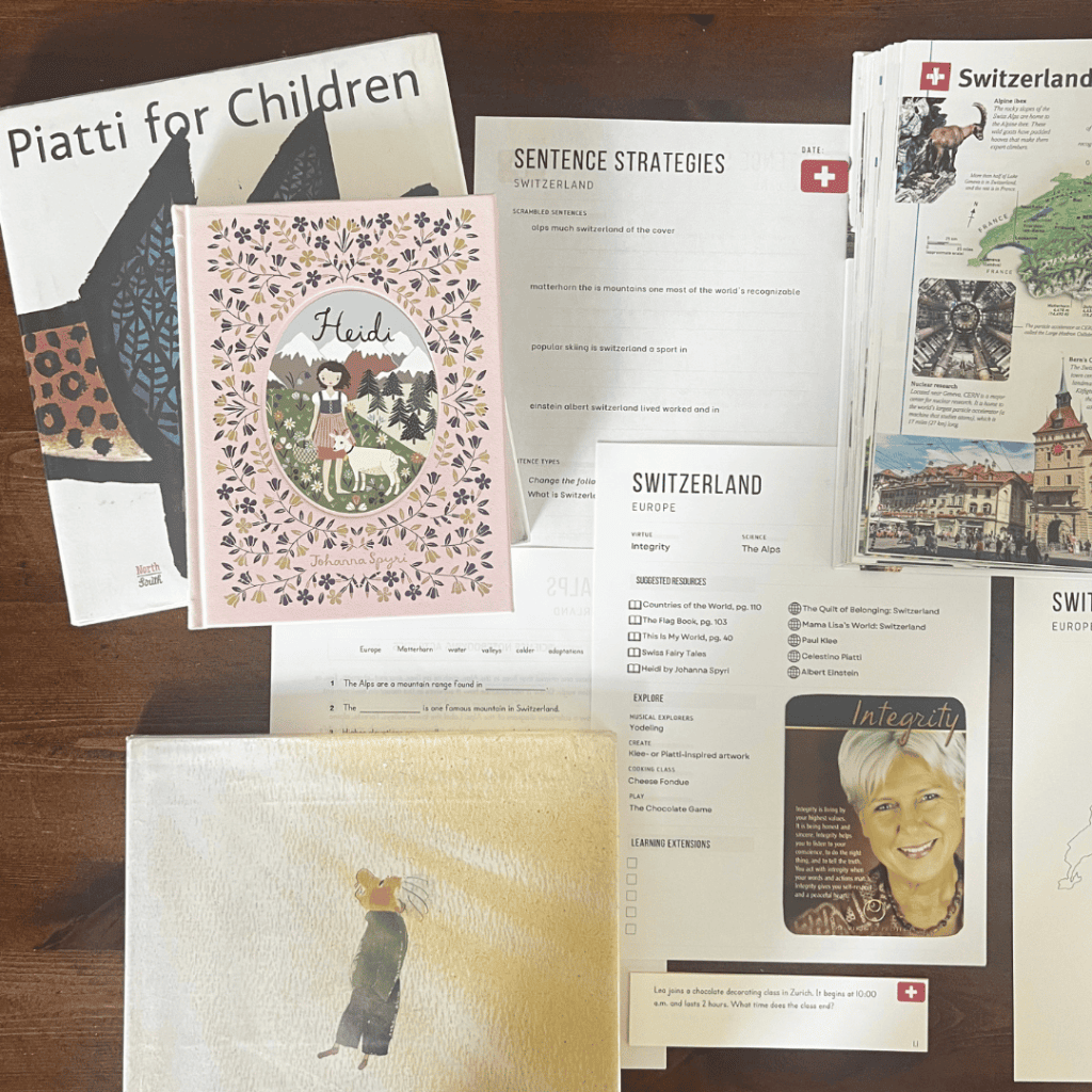 Switzerland unit study, part of the Global Explorers Club's literature-based homeschool geography curriculum filled with books, mapwork, art, music, science, and hands-on cultural activities for kids.