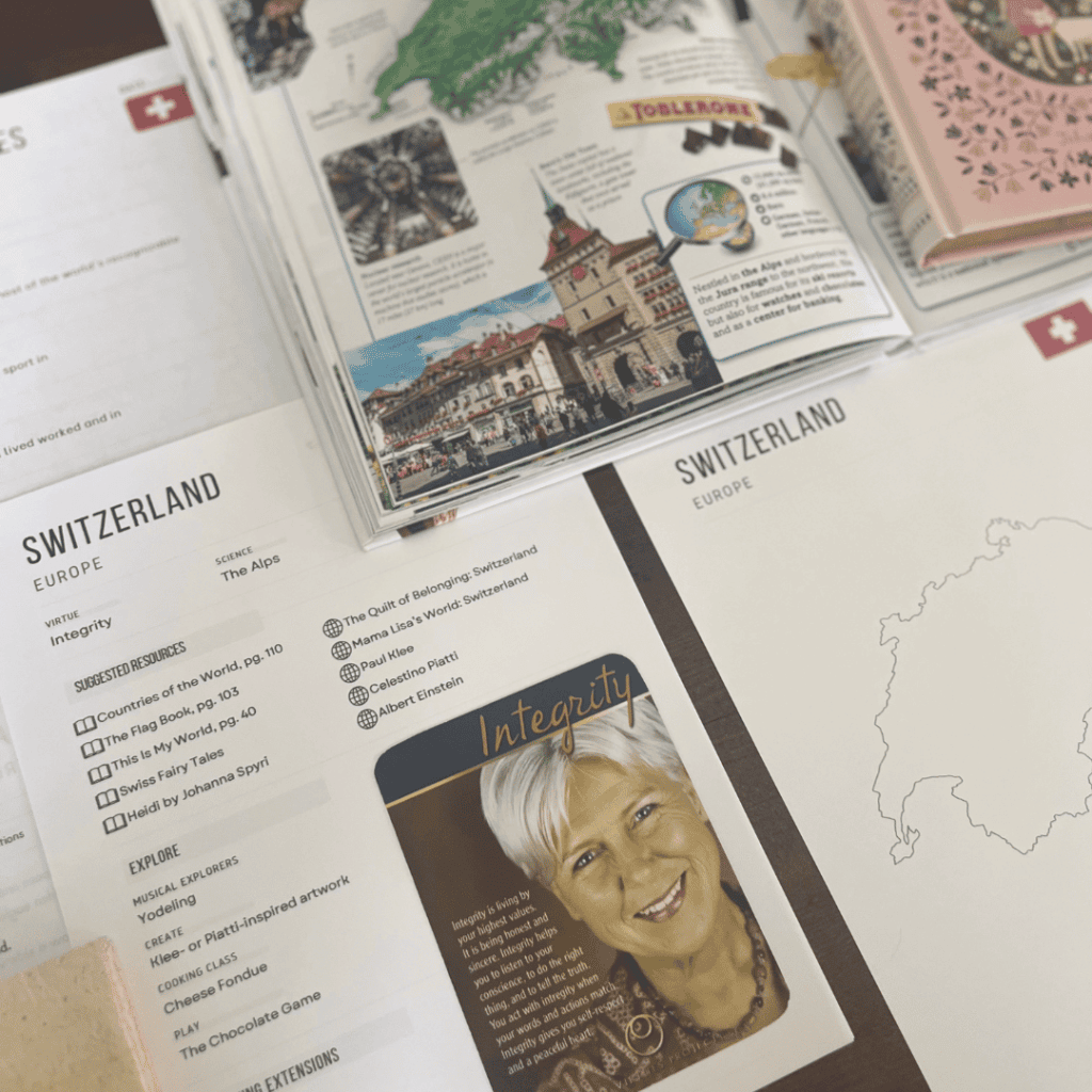 Switzerland unit study, part of the Global Explorers Club's literature-based homeschool geography curriculum filled with books, mapwork, art, music, science, and hands-on cultural activities for kids.