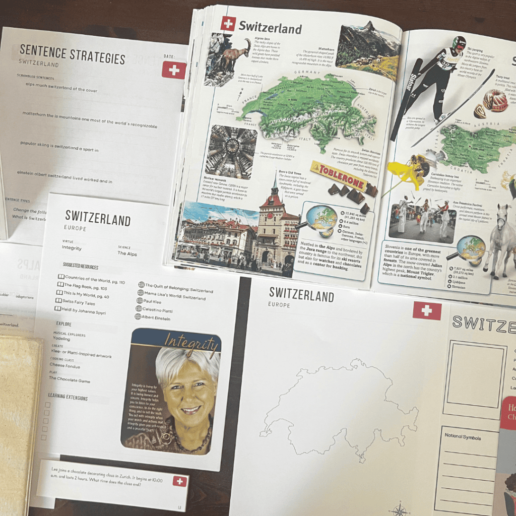 Switzerland unit study, part of the Global Explorers Club's literature-based homeschool geography curriculum filled with books, mapwork, art, music, science, and hands-on cultural activities for kids.