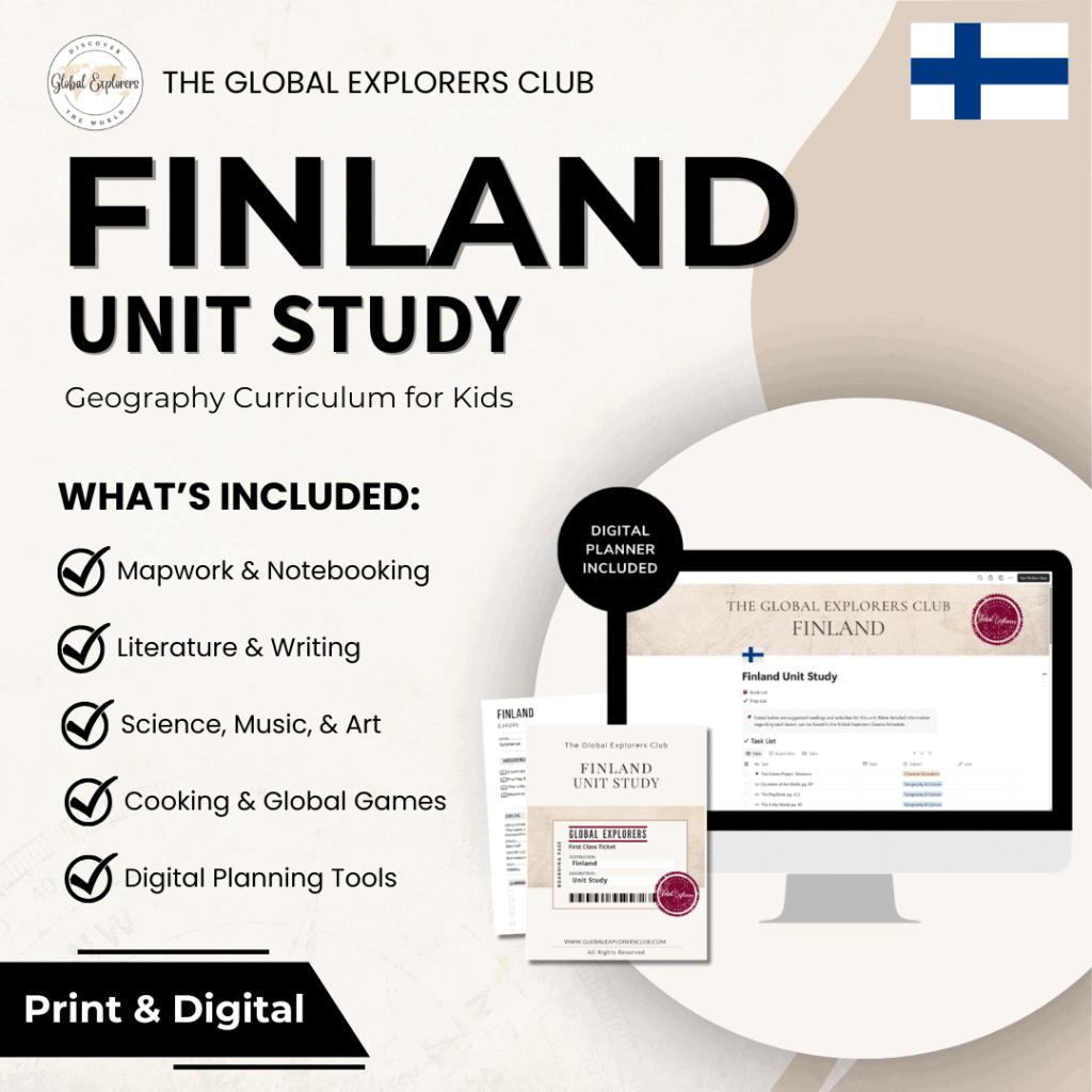 Finland unit study, a literature-based country study featuring hands-on cultural activities for kids