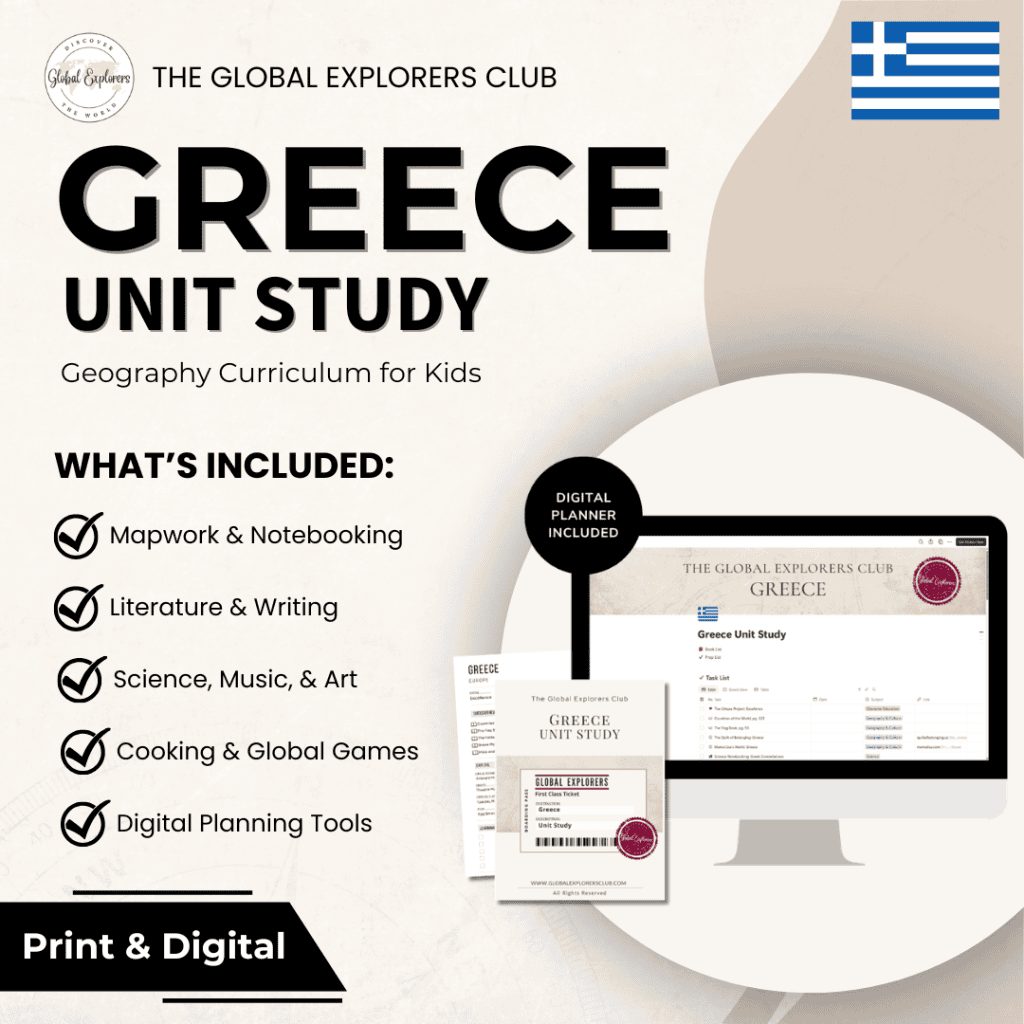 Greece unit study, a literature-based geography curriculum featuring hands-on cultural activities for kids