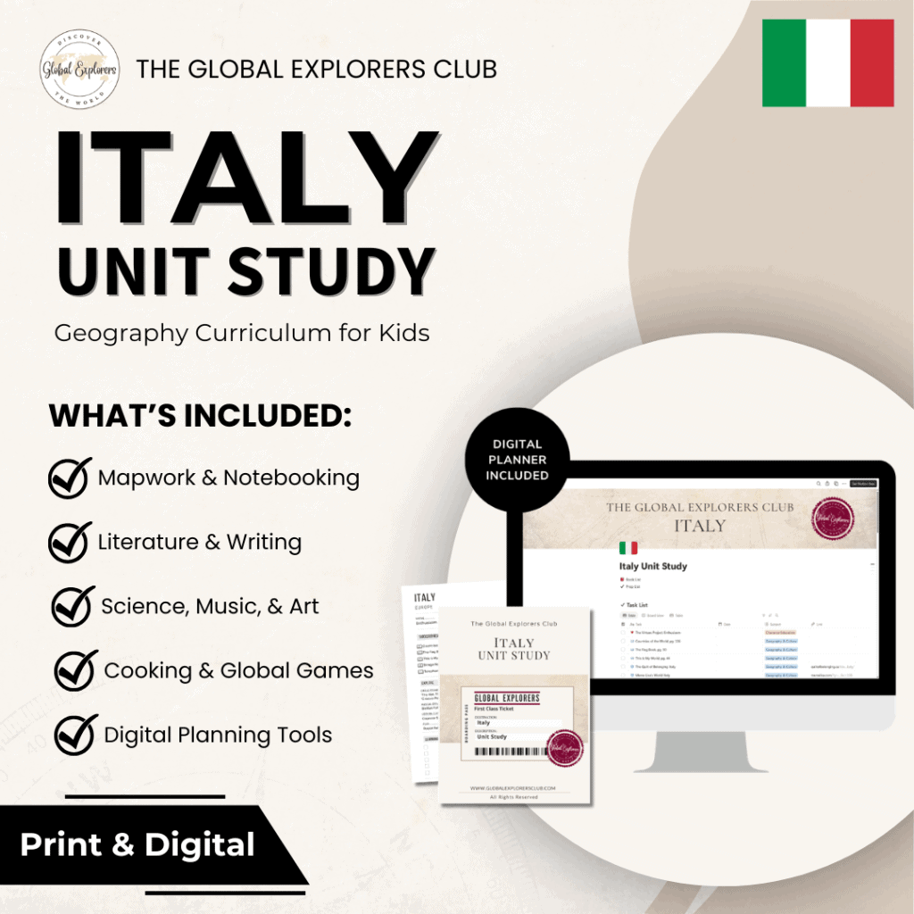 Italy unit study, a literature-based geography curriculum featuring hands-on cultural activities for kids