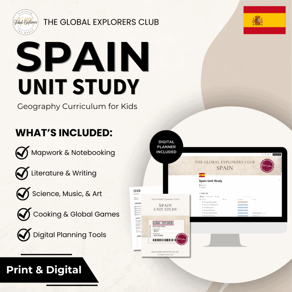 Spain unit study, a literature-based geography curriculum featuring hands-on cultural activities for kids