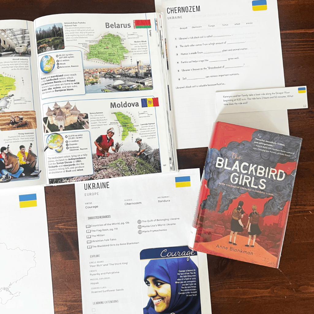Ukraine Unit Study, part of the Global Explorers Club's literature-based world geography curriculum, featuring hands-on cultural activities for kids and living books including The Blackbird Girls by Anne Blankman