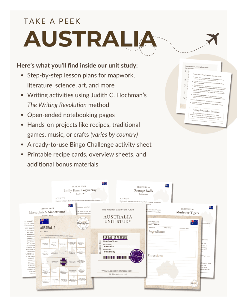 Preview of the Australia Unit Study, part of the Global Explorers Club's literature-based geography curriculum featuring hands-on cultural activities for kids