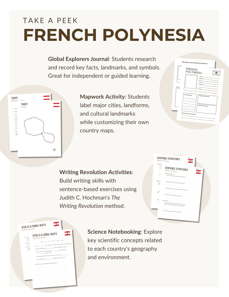 Preview of the French Polynesia Unit Study, part of the Global Explorers Club's literature-based geography curriculum featuring hands-on cultural activities for kids