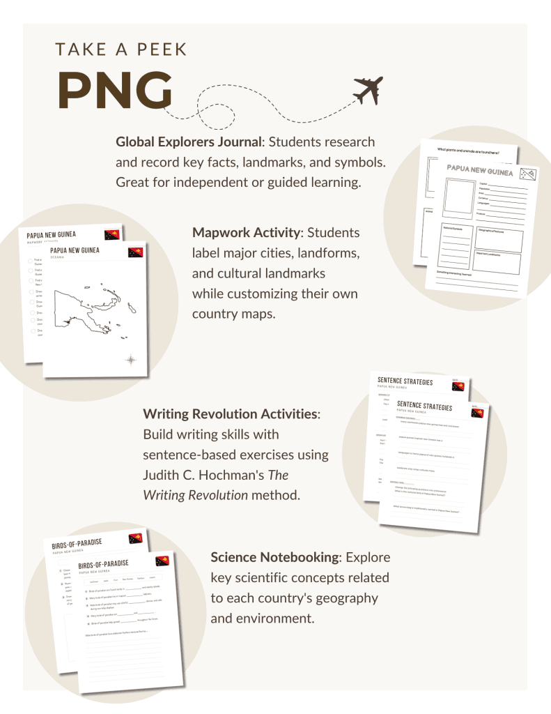 Preview of the Papua New Guinea Unit Study, part of the Global Explorers Club's literature-based geography curriculum featuring hands-on cultural activities for kids