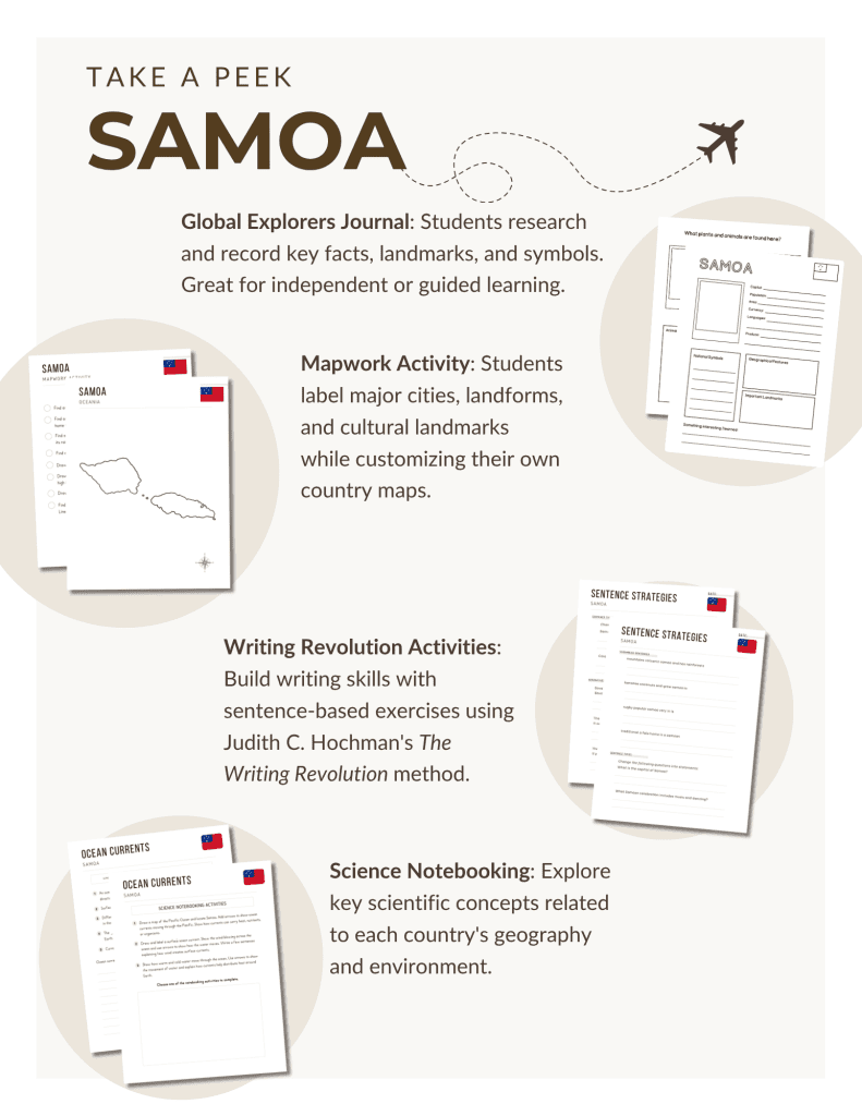Preview of the Samoa Unit Study, part of the Global Explorers Club's literature-based geography curriculum featuring hands-on cultural activities for kids