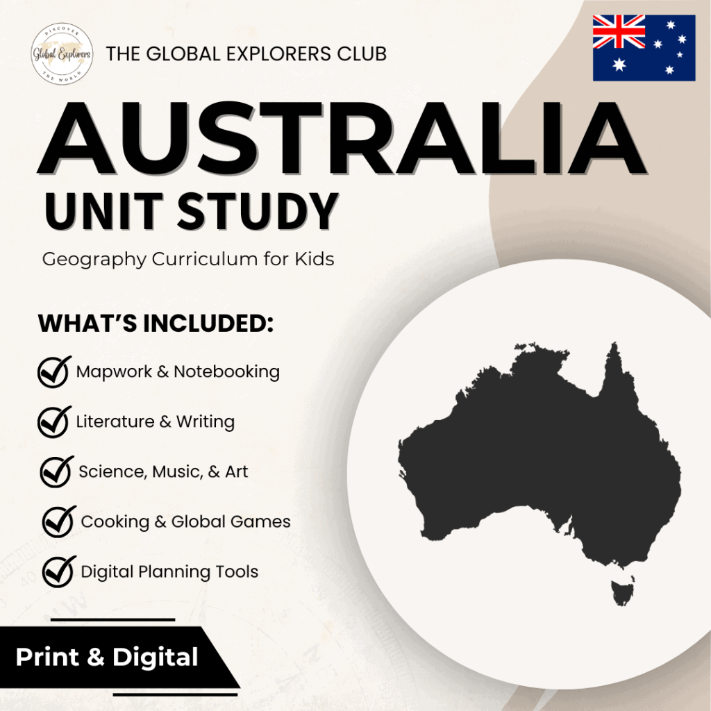 Australia unit study, part of the Global Explorers Club's literature-based homeschool geography curriculum featuring hands-on cultural activities for kids