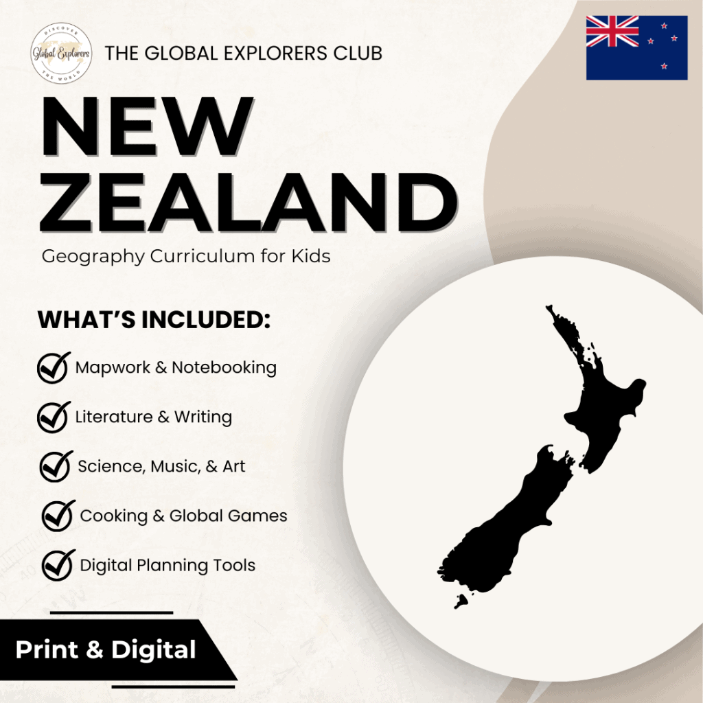 New Zealand unit study, part of the Global Explorers Club's literature-based homeschool geography curriculum featuring hands-on cultural activities for kids.
